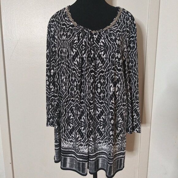 Gloria Vanderbilt Edition Black & White Abstract Print Top XL 3/4 Sleeve Stretch - Picture 1 of 13